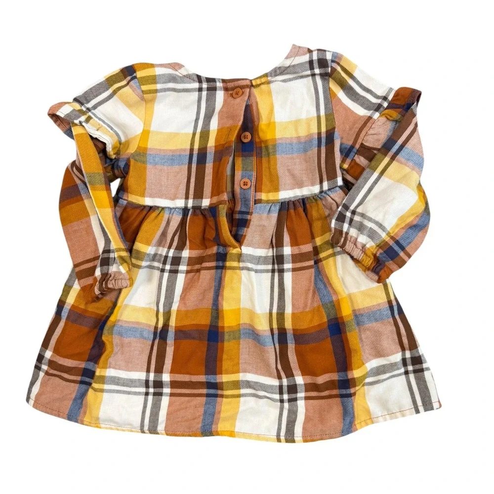 Childrens Place Plaid Dress Girls 9-12M Orange Yellow Cotton Ruffle Fall Harvest